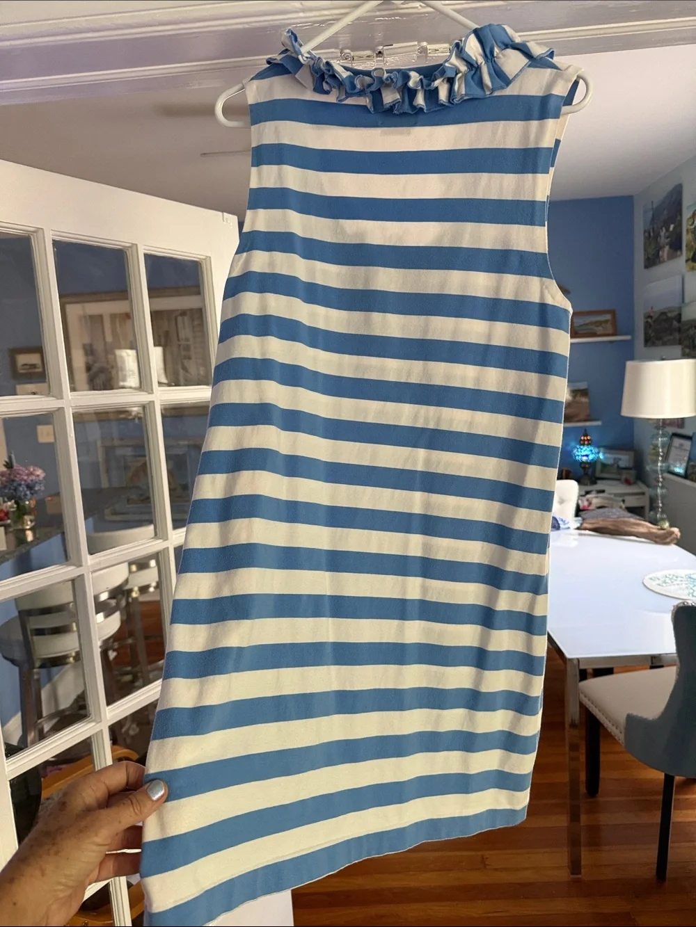 kate spade Blue and White Striped V-neck Ruffle mini dress